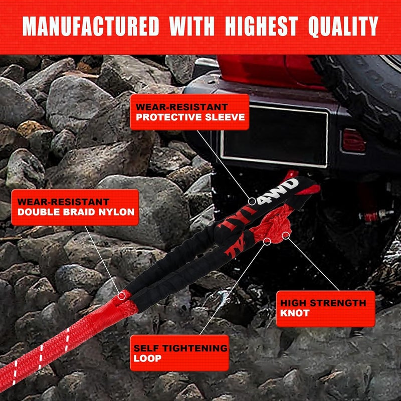 TYT Kinetic Recovery Rope,(1in x 30ft Red) 48000lbs Snatch Strap, Heavy Duty Stretch Nylon Towing Ropes for Offroad Vehicle, Jeep, SUV, ATV, UTV, Tractor Elastic - Image 2